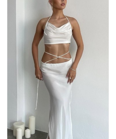 Y2k 2 Piece Skirt Set Outfits for Women Low Cut Lace Trim Cami Top Bodycon Maxi Skirt Summer Party Beach Sexy White $10.39 Suits