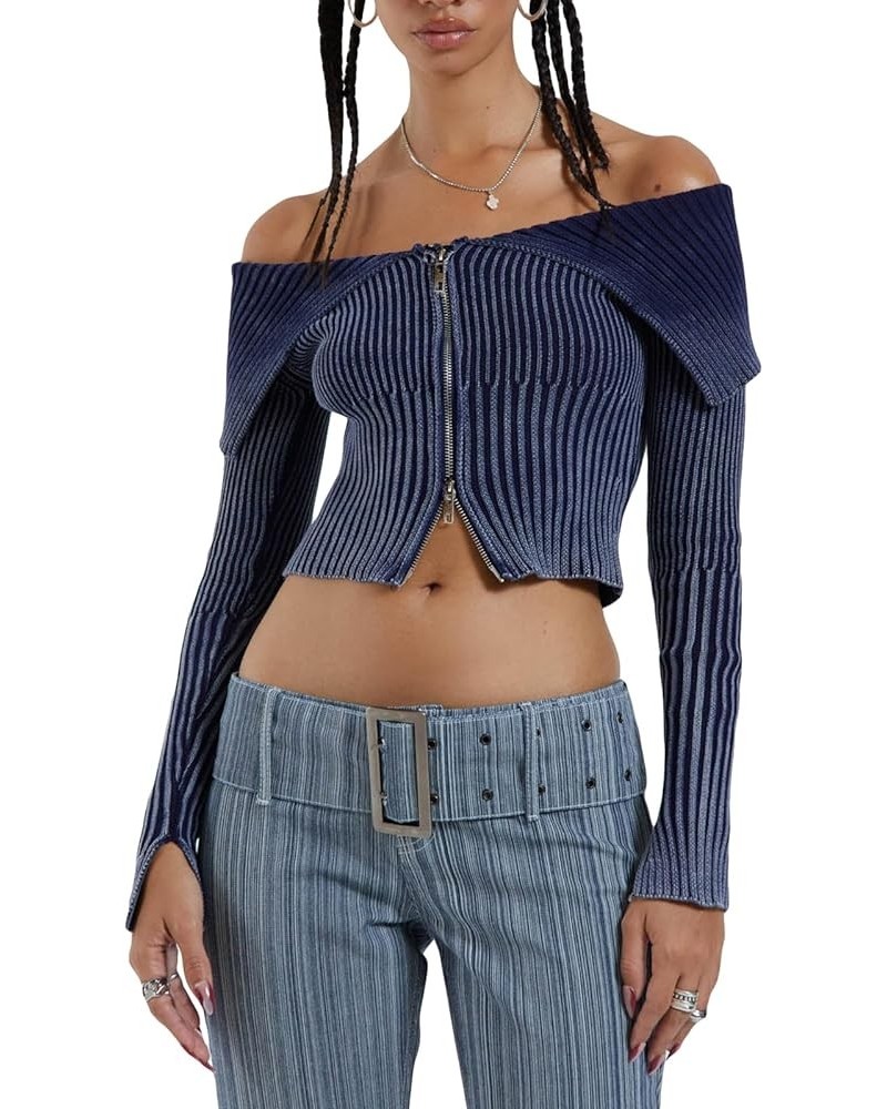 Women Y2K Hollow Out Top Long Sleeve Crochet Knit Crop Tops Sexy See Through Fishnet Top V-zipper Knit Ribbed Blue Top $13.19...