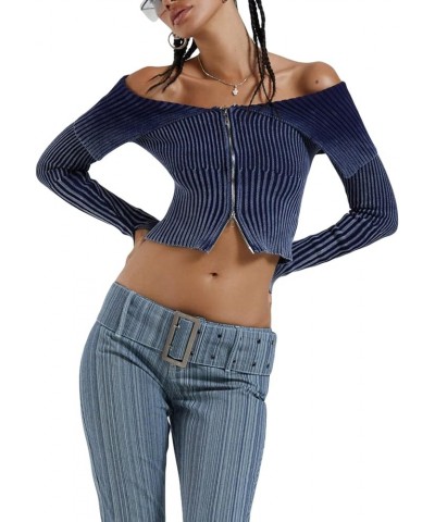 Women Y2K Hollow Out Top Long Sleeve Crochet Knit Crop Tops Sexy See Through Fishnet Top V-zipper Knit Ribbed Blue Top $13.19...