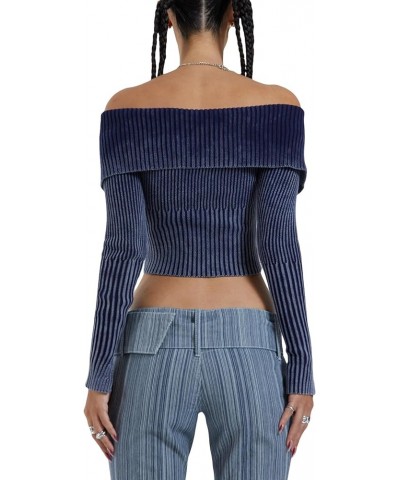 Women Y2K Hollow Out Top Long Sleeve Crochet Knit Crop Tops Sexy See Through Fishnet Top V-zipper Knit Ribbed Blue Top $13.19...