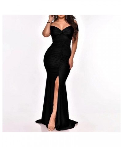 Women Sexy Elegant One Shoulder High Split Cutout Asymmetrical Long Evening Dress A Black $8.09 Dresses