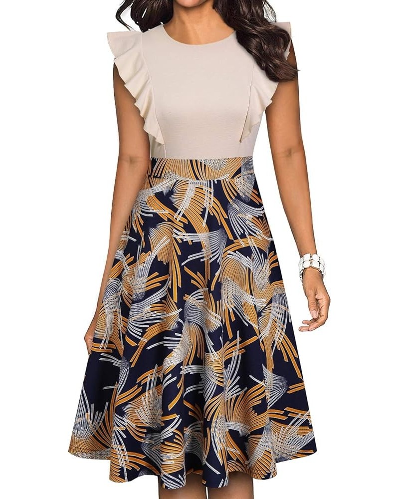 Women's Vintage Ruffle Floral Flared A Line Swing Casual Cocktail Party Dresses Beige $17.34 Dresses