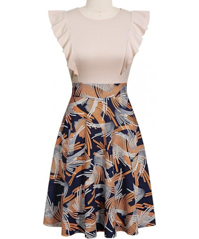 Women's Vintage Ruffle Floral Flared A Line Swing Casual Cocktail Party Dresses Beige $17.34 Dresses