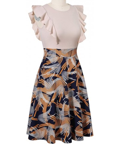 Women's Vintage Ruffle Floral Flared A Line Swing Casual Cocktail Party Dresses Beige $17.34 Dresses