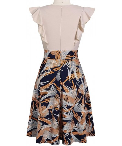Women's Vintage Ruffle Floral Flared A Line Swing Casual Cocktail Party Dresses Beige $17.34 Dresses