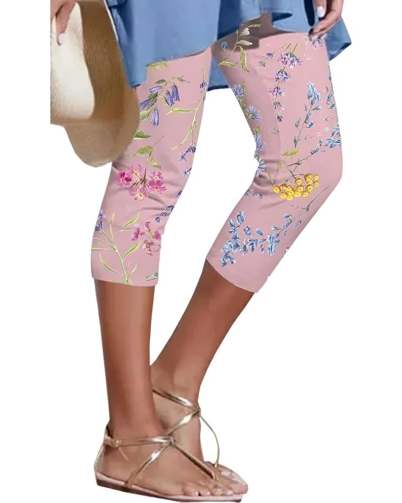 Women's Summer Elastic High Waisted Floral Capri Leggings Comfy Stretch Slim Knee Length Cropped Yoga Pants Pink Floral $11.7...