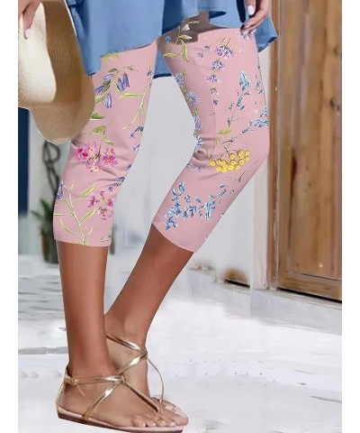 Women's Summer Elastic High Waisted Floral Capri Leggings Comfy Stretch Slim Knee Length Cropped Yoga Pants Pink Floral $11.7...