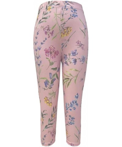 Women's Summer Elastic High Waisted Floral Capri Leggings Comfy Stretch Slim Knee Length Cropped Yoga Pants Pink Floral $11.7...