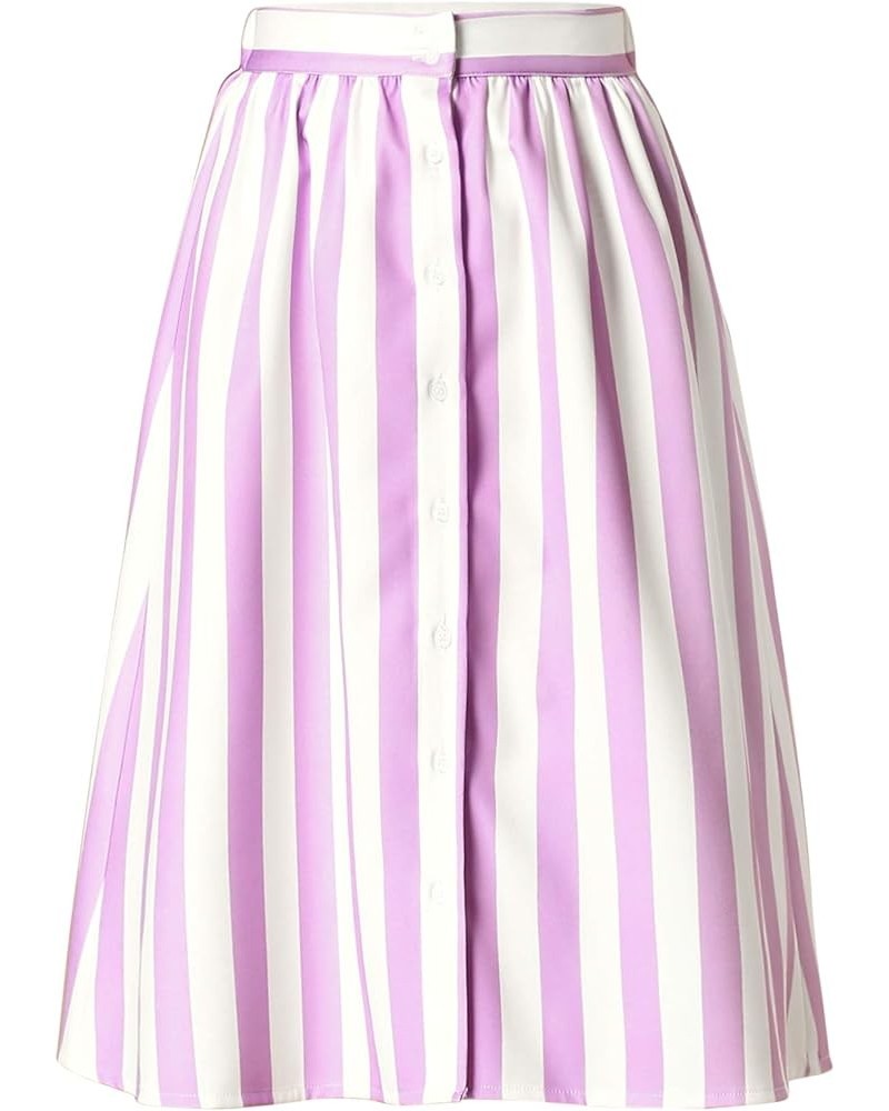 Women's Striped Button Front Elastic Back Waist A-Line Midi Skirt Purple $14.40 Skirts