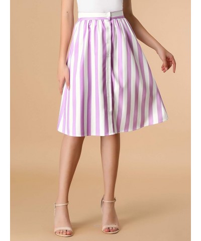 Women's Striped Button Front Elastic Back Waist A-Line Midi Skirt Purple $14.40 Skirts