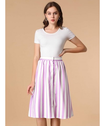 Women's Striped Button Front Elastic Back Waist A-Line Midi Skirt Purple $14.40 Skirts