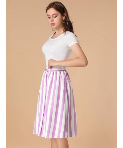 Women's Striped Button Front Elastic Back Waist A-Line Midi Skirt Purple $14.40 Skirts