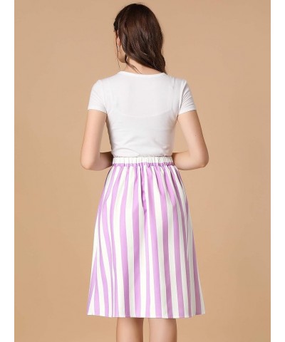 Women's Striped Button Front Elastic Back Waist A-Line Midi Skirt Purple $14.40 Skirts