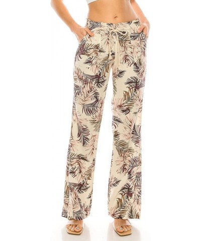 Women's Print Linen Pants - 32" Inseam Oceanside Drawstring Smocked Waist Casual Lounge Beach Trousers with Pockets Purple Pi...