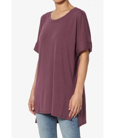 Women's Casual Round Neck Cuffed Short Sleeve Loose Tee Basic Jersey Top T-Shirt Dusty Plum $10.34 Tops