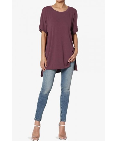Women's Casual Round Neck Cuffed Short Sleeve Loose Tee Basic Jersey Top T-Shirt Dusty Plum $10.34 Tops