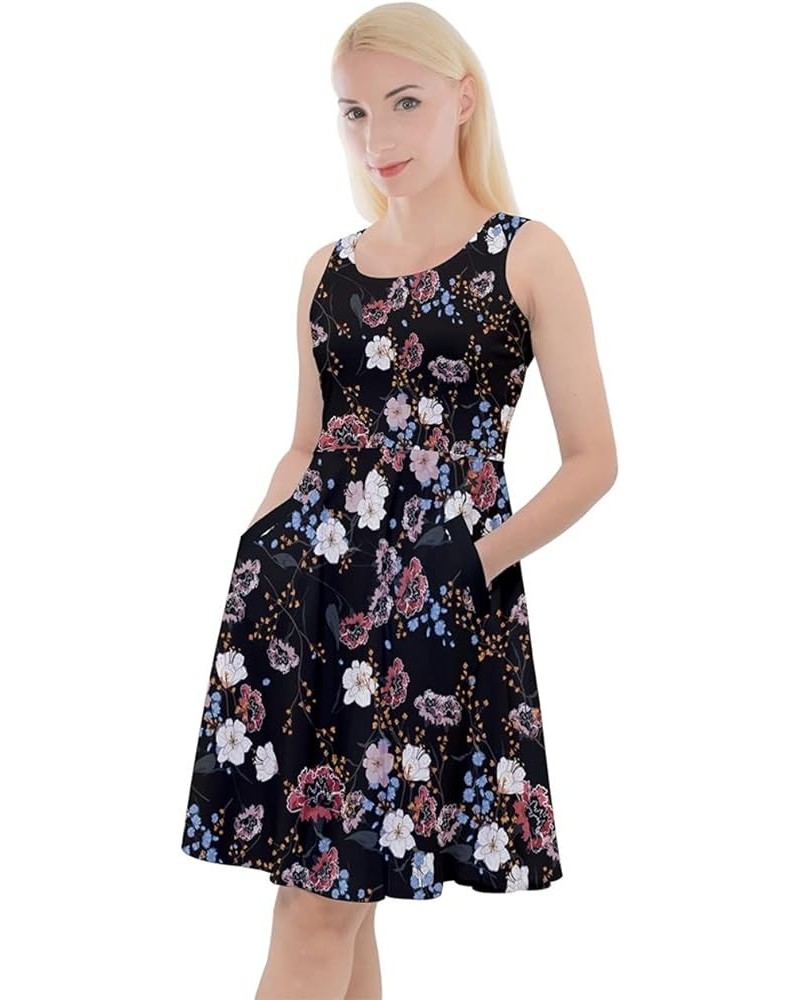 Womens Skater Dress with Pockets Hibiscus Hawaii Floral Summer Tropical Leafs Plumeria V-Neck Dress, XS-5XL Black Vintage $14...