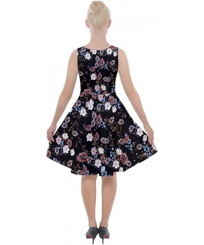 Womens Skater Dress with Pockets Hibiscus Hawaii Floral Summer Tropical Leafs Plumeria V-Neck Dress, XS-5XL Black Vintage $14...