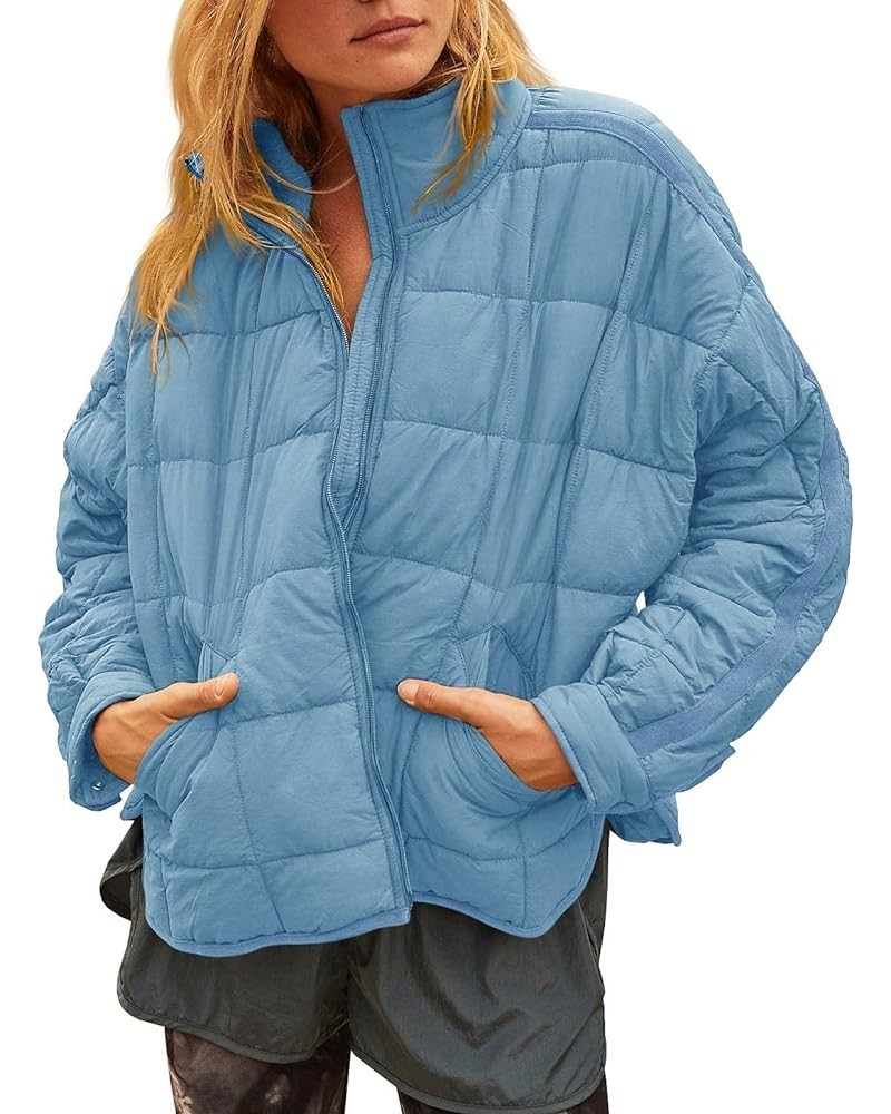 Women's Lightweight Oversized Long Sleeve Zip Water Resistant Packable Puffer Jacket Warm Short Winter Coat Sky Blue $32.47 J...