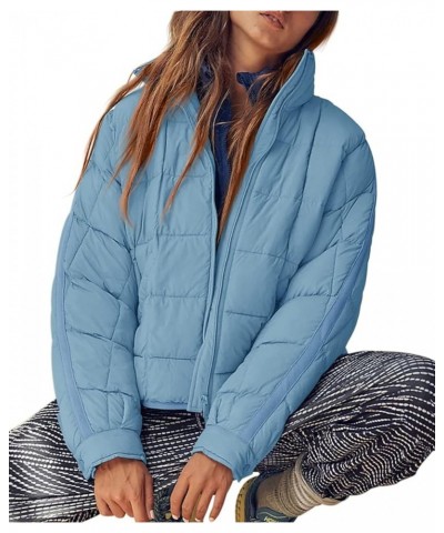 Women's Lightweight Oversized Long Sleeve Zip Water Resistant Packable Puffer Jacket Warm Short Winter Coat Sky Blue $32.47 J...