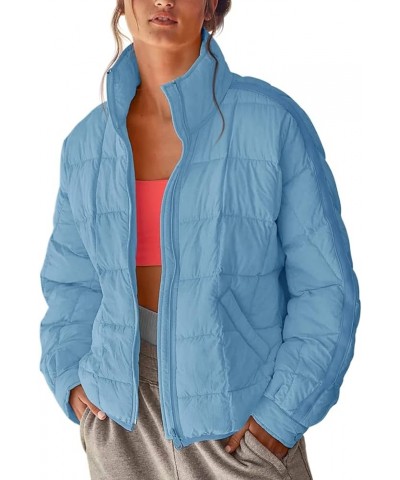 Women's Lightweight Oversized Long Sleeve Zip Water Resistant Packable Puffer Jacket Warm Short Winter Coat Sky Blue $32.47 J...