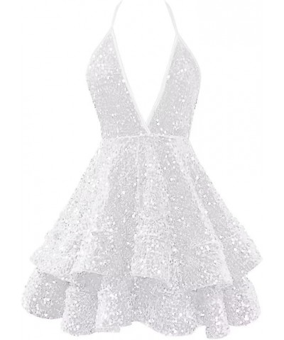 Homecoming Dresses Sparkly Sequin Short Prom Dresses for Teens 2023 Halter Tiered Mini Cocktail Evening Party Dresses F-white...
