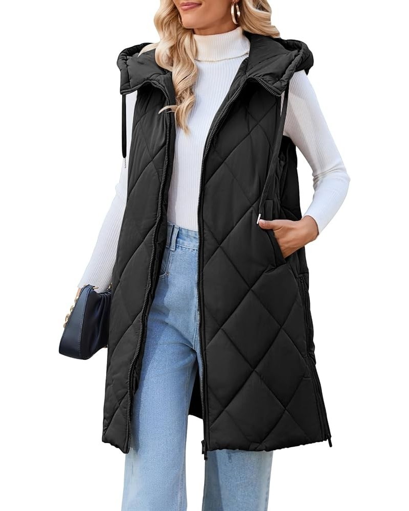 Womens Sleeveless Quilted Long Puffer Vest Hooded Full Zip Jacket Coats with Pockets Black $36.39 Vests