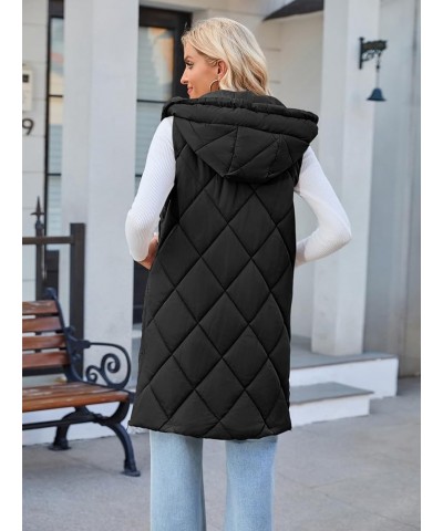 Womens Sleeveless Quilted Long Puffer Vest Hooded Full Zip Jacket Coats with Pockets Black $36.39 Vests