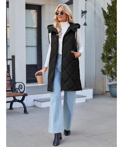 Womens Sleeveless Quilted Long Puffer Vest Hooded Full Zip Jacket Coats with Pockets Black $36.39 Vests