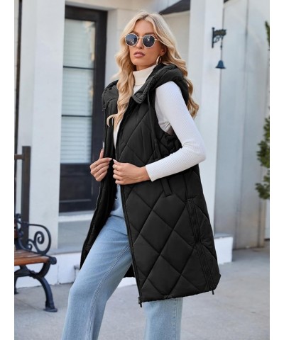 Womens Sleeveless Quilted Long Puffer Vest Hooded Full Zip Jacket Coats with Pockets Black $36.39 Vests