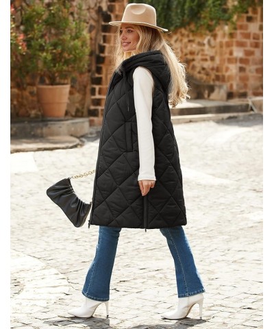 Womens Sleeveless Quilted Long Puffer Vest Hooded Full Zip Jacket Coats with Pockets Black $36.39 Vests