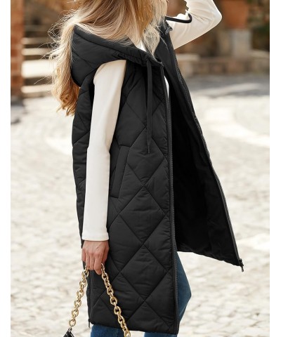 Womens Sleeveless Quilted Long Puffer Vest Hooded Full Zip Jacket Coats with Pockets Black $36.39 Vests