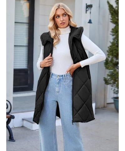 Womens Sleeveless Quilted Long Puffer Vest Hooded Full Zip Jacket Coats with Pockets Black $36.39 Vests