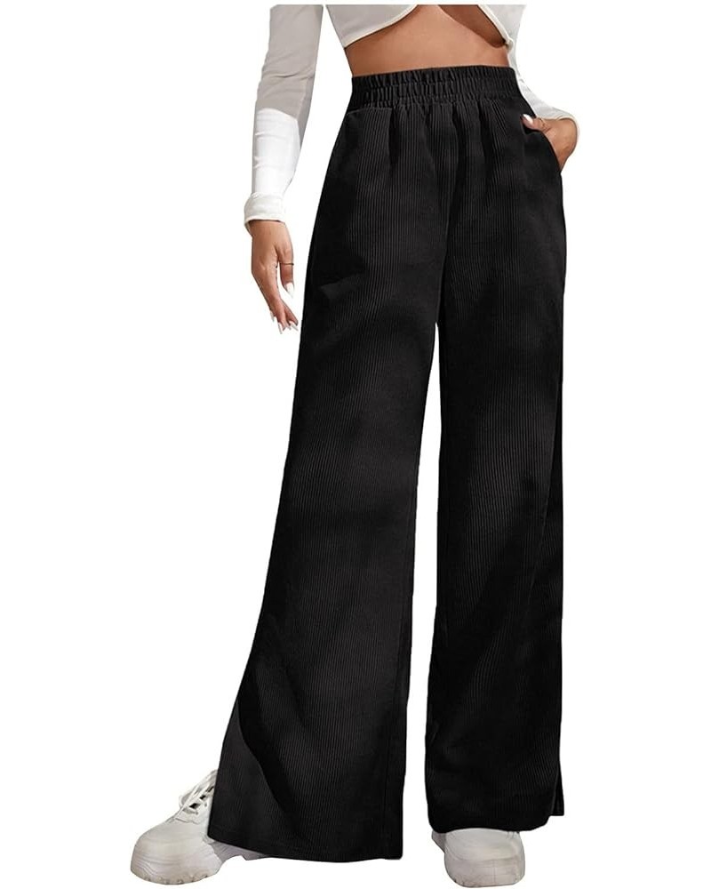 Women's Corduroy Pants Fall Fashion 2023 Elastic High Waisted Straight Leg Trousers Winter Work Pants with Pockets D01-black ...