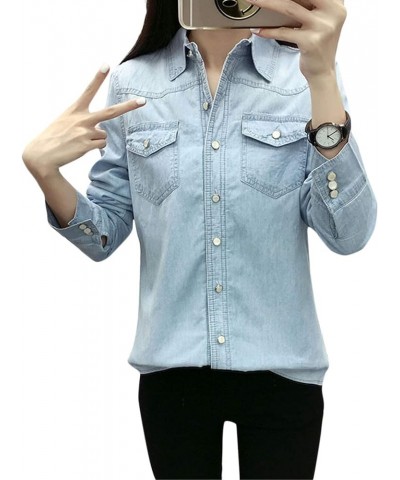 Women's Thermal Flannel Cotton Fleece Lined Long Sleeve Buttoned Denim Shirt Jacket Light Blue $18.91 Jackets