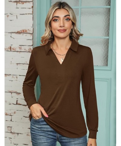 Womens Tops Long Sleeve Business Casual Collared Blouses Johnny Collar Polo Shirts Winter V Neck Cute Tee Z-long Sleeve-coffe...