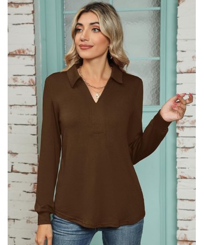 Womens Tops Long Sleeve Business Casual Collared Blouses Johnny Collar Polo Shirts Winter V Neck Cute Tee Z-long Sleeve-coffe...