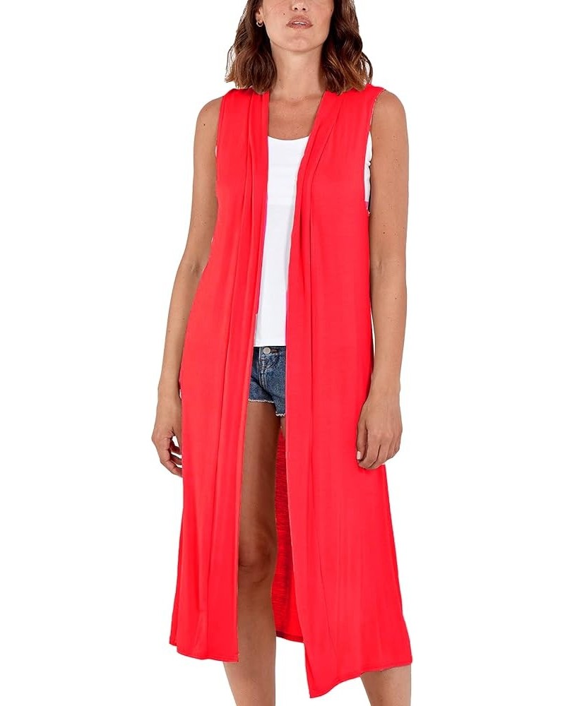 Woman's Open Front Sleeveless Maxi Long Length Boyfriend Cardigan Ladies Plain Blazer Duster Jacket US 8-22 Red $11.95 Sweaters
