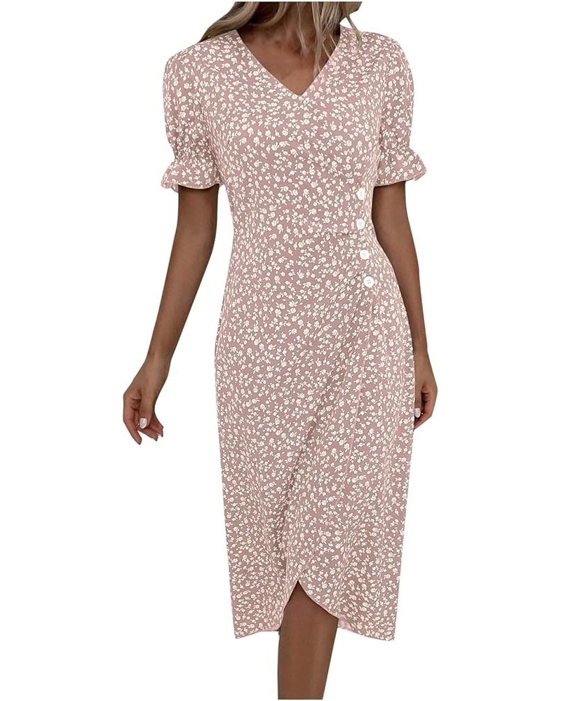 Vintage Dress for Women, Womens Summer Floral Printed Irregular Dress V Neck Boho Puff Sleeve Button A-Line Dresses 05-pink $...