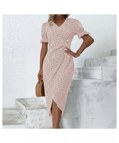 Vintage Dress for Women, Womens Summer Floral Printed Irregular Dress V Neck Boho Puff Sleeve Button A-Line Dresses 05-pink $...