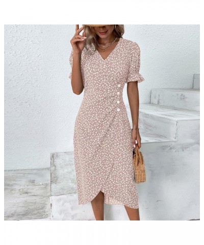 Vintage Dress for Women, Womens Summer Floral Printed Irregular Dress V Neck Boho Puff Sleeve Button A-Line Dresses 05-pink $...