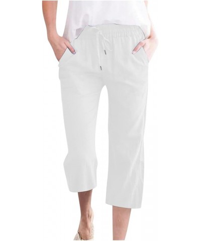 Women's Capri Pants for Summer High Waist Drawstring Cinch Bottom with Button Linen Loose Wide Leg Cropped Pants 03-white-cap...