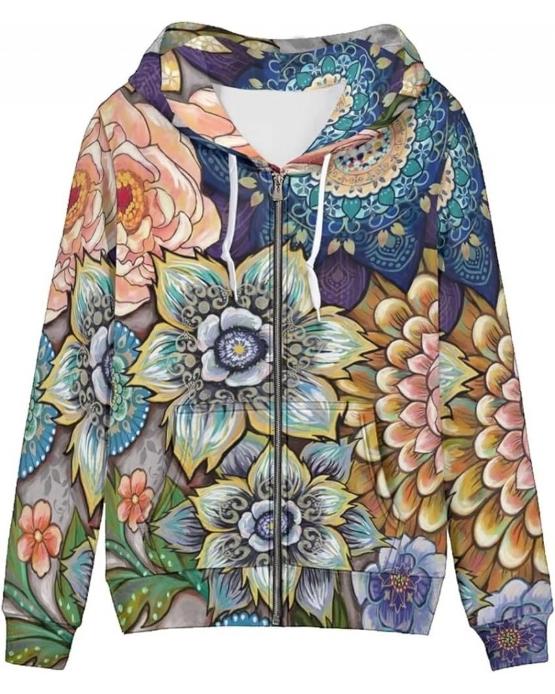 Women's Hoodies Y2K Zip Up Hooded Sweatshirts with Pockets Boho Floral Blossoms $18.50 Activewear