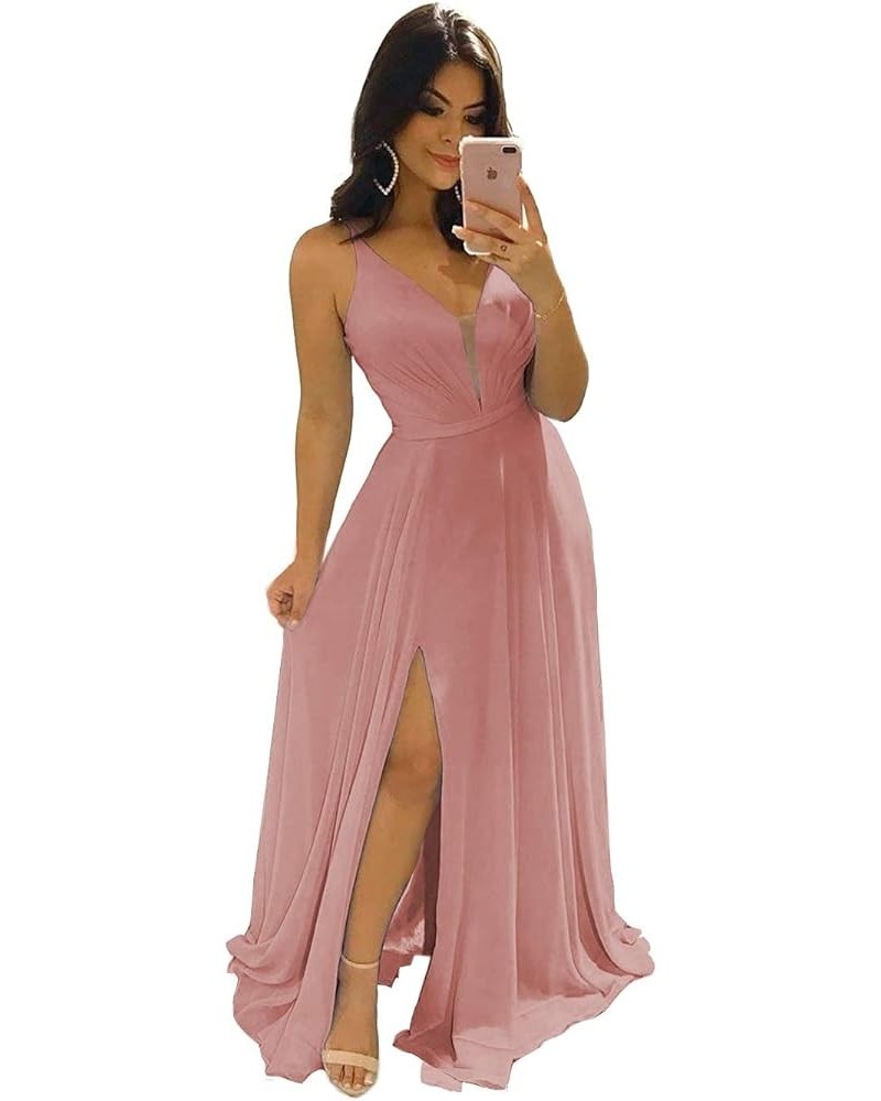 V Neck Bridesmaid Dresses for Women 2024 Long Simple Chiffon Formal with Slit A Line Evening Party Prom Dresses Z014 Dusty Ro...