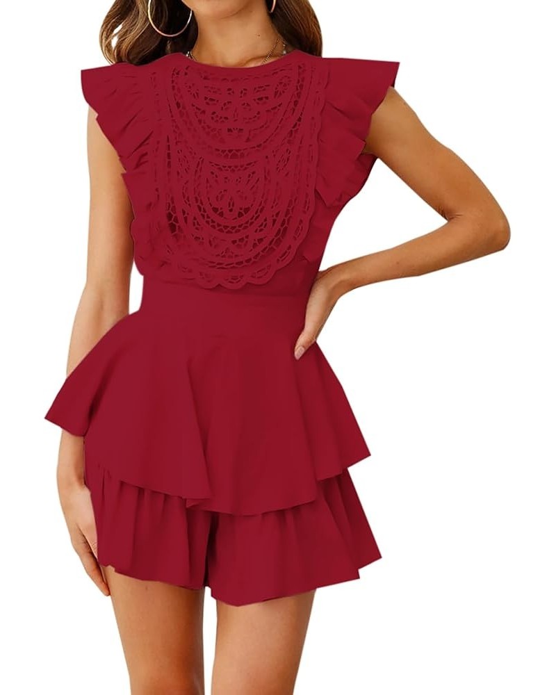 Women's Floral Lace Crochet Short Romper Flutter Sleeve Crew Neck Summer Rompers Casual Layered Ruffle Hem Jumpsuit Red $17.6...