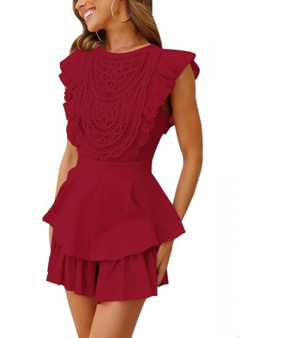 Women's Floral Lace Crochet Short Romper Flutter Sleeve Crew Neck Summer Rompers Casual Layered Ruffle Hem Jumpsuit Red $17.6...