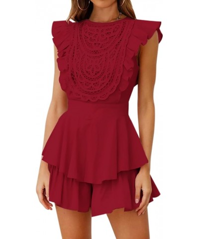 Women's Floral Lace Crochet Short Romper Flutter Sleeve Crew Neck Summer Rompers Casual Layered Ruffle Hem Jumpsuit Red $17.6...
