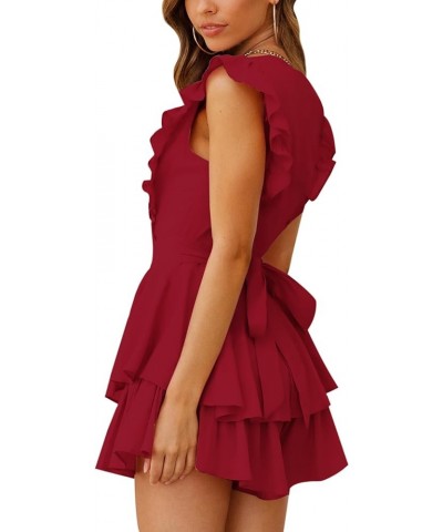 Women's Floral Lace Crochet Short Romper Flutter Sleeve Crew Neck Summer Rompers Casual Layered Ruffle Hem Jumpsuit Red $17.6...