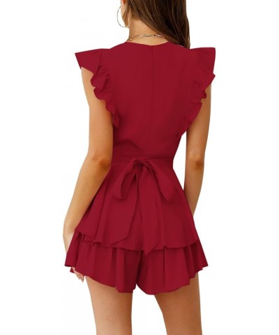 Women's Floral Lace Crochet Short Romper Flutter Sleeve Crew Neck Summer Rompers Casual Layered Ruffle Hem Jumpsuit Red $17.6...
