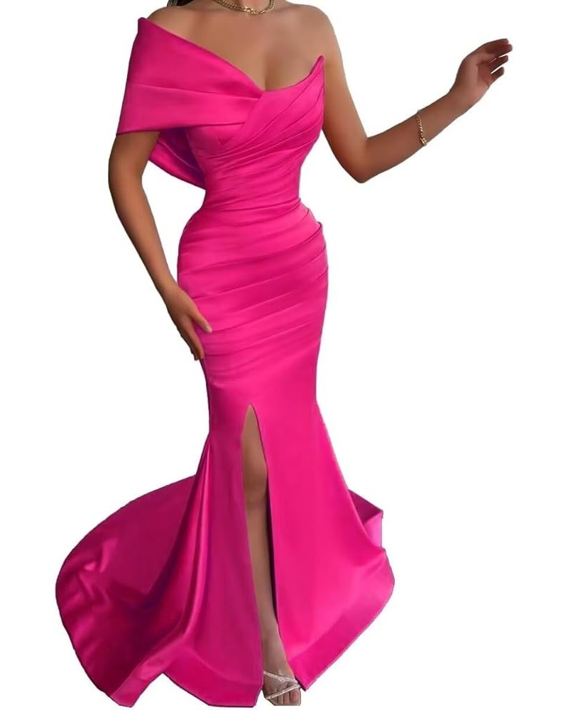 One Shoulder Mermaid Bridesmaid Dresses Long Satin Pleated Bodycon High Slit Prom Formal Evening Gowns for Wedding Fuchsia $4...